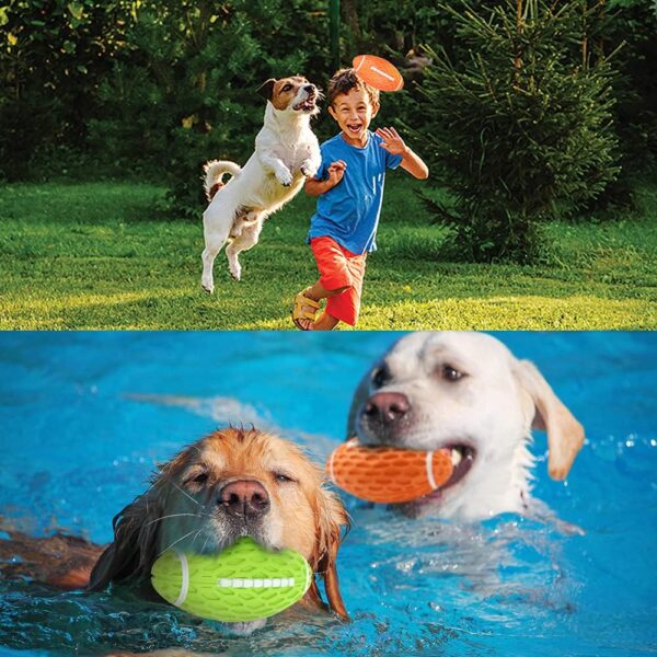 AUSCAT 2Pcs Chew Squeaky Toy Balls, Indestructible Dog Ball for Small Dogs, Rugby Shape Rubber Chew Ball with Squeaker, Interactive Dog Ball for Outdoor Play, Green and Orange - Image 7