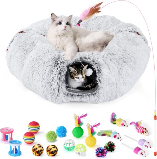 Odoland Large Cat Tunnel Toy with Plush Cat Bed, Foldable Pet Tunnel Bed for Indoor, Multifunctional Cat Donut Tunnel with Ball & Peek Holes, Cat Toys, Crinkle Play Tunnel Tube for Cat - Grey - Image 8