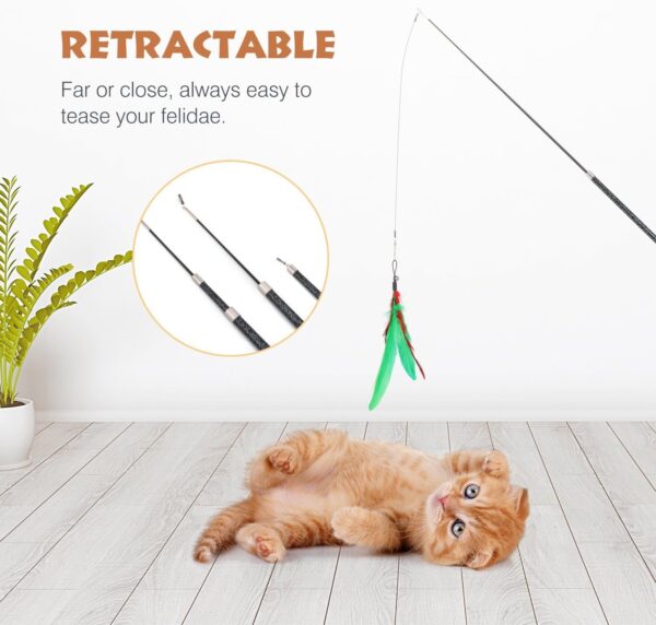 Pawaboo Feather Teaser Cat Toy, 7PCS Extensible Interactive Feather Wand Cat Toy Flying Feather Cat Catcher with Extra Long 38.6" Wand and Small Bell, Fun Exerciser Playing Toy, Colorful Stripes - Image 4