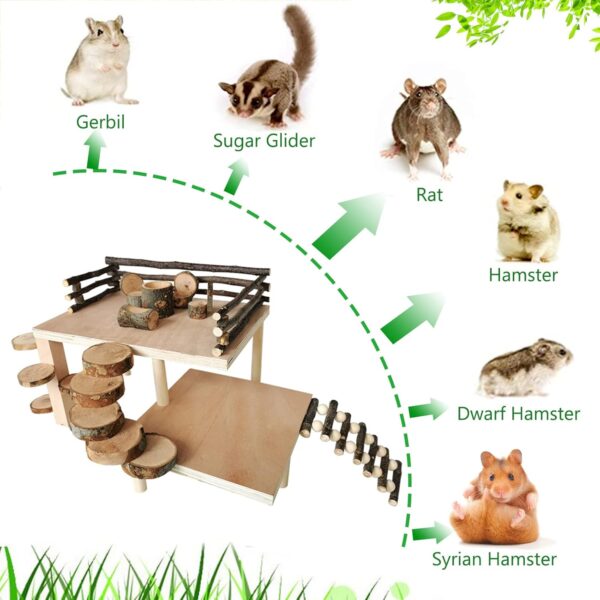 RoseFlower Wooden Hamster Playground Platform, Hamster Climbing Toy, Natural Living Climb System, Small Animals Activity Set with Ladder Food Bowl Ramp Bridge for Mouse Gerbil Rat Chinchilla - Image 6