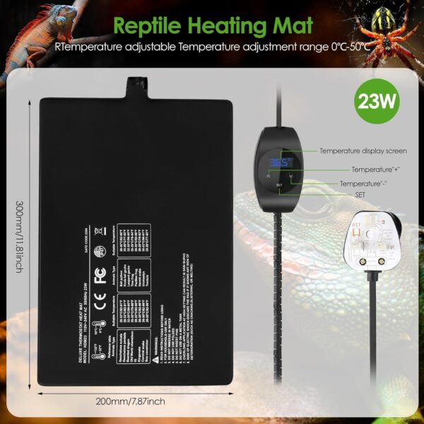 8x12inch Reptile Heat Mat with Digital Thermostat,23W Terrarium Heat Mat with IPX7 Waterproof for Gecko/Bearded Dragon/Snake/Lizard/Hermit Crab/Frog/Spider/Insect Breeding/Plant Box,Habistat Heat Mat - Image 2