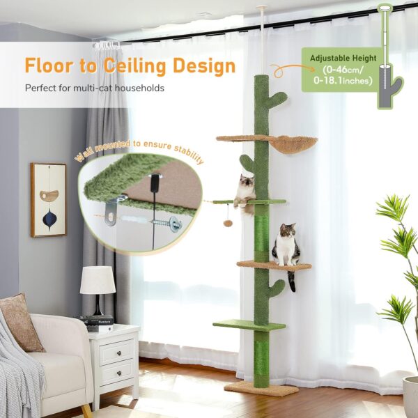 PAWZ Road Cactus Cat Tree Floor to Ceiling Cat Tower with Adjustable Height(229-275cm), 5 Tiers Cat Climbing Activity Center with Cozy Hammock, Platforms and Dangling Balls for Indoor Cats - Image 6