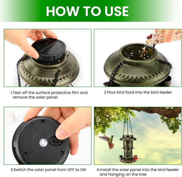 Solar Bird Feeders for Outside Wild Bird Feeders with 3 Water Cups and Food Tray, Metal Bird Feeders for Outdoor Hanging in The Trees&Hooks, Solar Lantern Decorations for Garden, Patio(Green) - Image 6