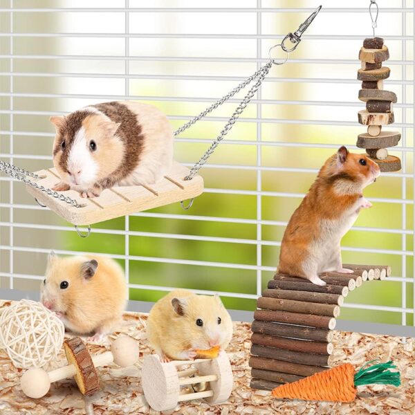 BBjinronjy Hamster Chew Toys Set Small Animal Molar Toys Teeth Care Wooden Accessories for Guinea Pigs,Chinchillas,Gerbils,Mice,Rats,Mouse Rodents Toy Swing Seesaw Bridge - Image 2