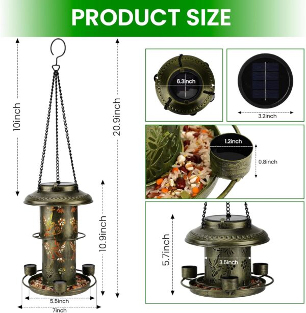 Solar Bird Feeders for Outside Wild Bird Feeders with 3 Water Cups and Food Tray, Metal Bird Feeders for Outdoor Hanging in The Trees&Hooks, Solar Lantern Decorations for Garden, Patio(Green) - Image 2