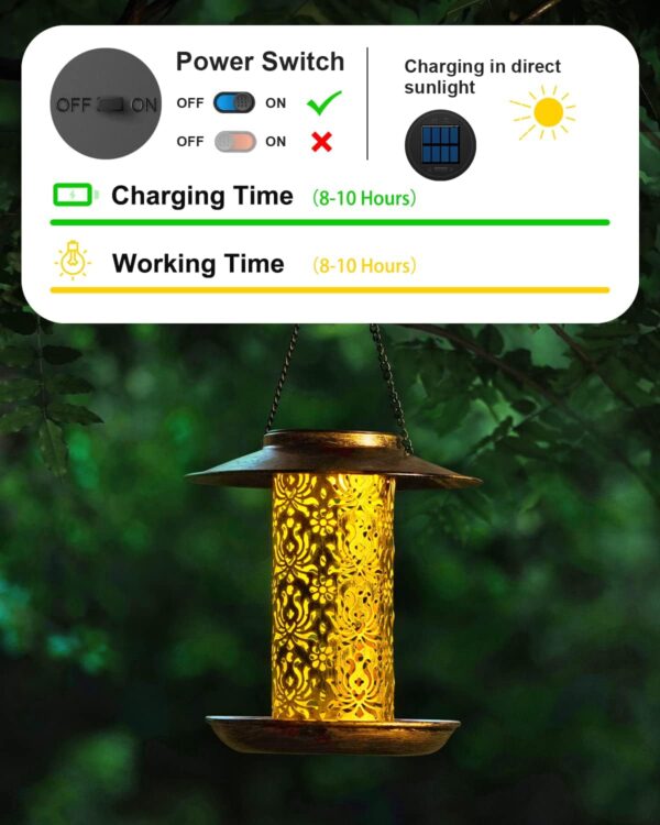 HOUSESAPP Solar Bird Feeder for Outdoors Hanging, Metal Wild Bird Feeder for Cardinals Solar Garden Lantern with S Hook as Gift Ideas for Bird Lovers (2.5LBs Heavy Duty Weather Resistance birdfeeders) - Image 2