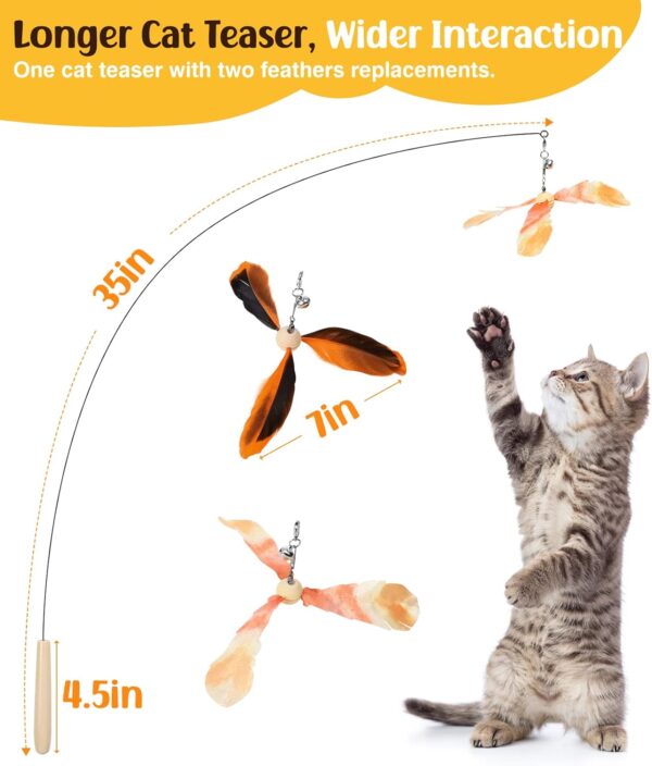 Pawaboo Feather Teaser Cat Toy, Interactive Feather Wand Cat Toy Flying Feather Cat Catcher with Extra Long 35" Wand and Small Bell, Fun Exerciser Playing Toy for Kitten or cat, Orange - Image 2