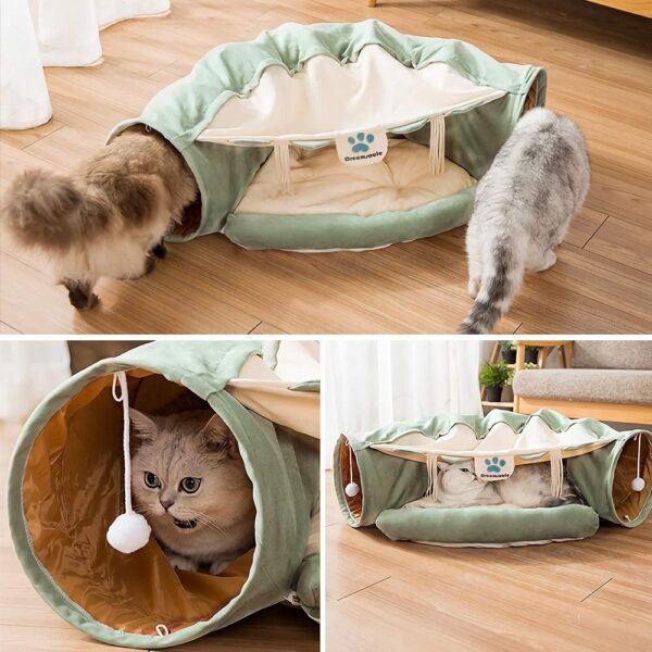 Cat Tunnel Bed with Cushion Mat, Cat Tunnel Toy Play Center with Collapsible Tube and Removable Thick Bed and 2 Hanging Scratching Balls, Peak Hole Hideout House for Cat Puppy Kitten (Green) - Image 3