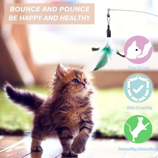 Pawaboo Feather Teaser Cat Toy, Interactive Feather Wand Cat Toy Flying Feather Cat Catcher with Extra Long 34.5" Wand and Small Bell, Fun Exerciser Playing Toy for kitten or cat, White & Green - Image 7