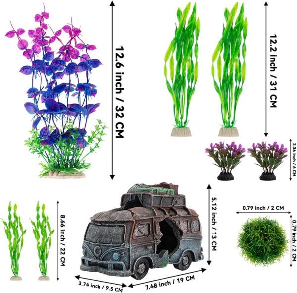BEGONDIS Camper Van Tourer with 8 Pcs Plastic Plant Set Artificial Polyresin Aquarium Ornament Aquatic Model Decoration Fish Tank Marine Decor Ornaments (Car) - Image 2
