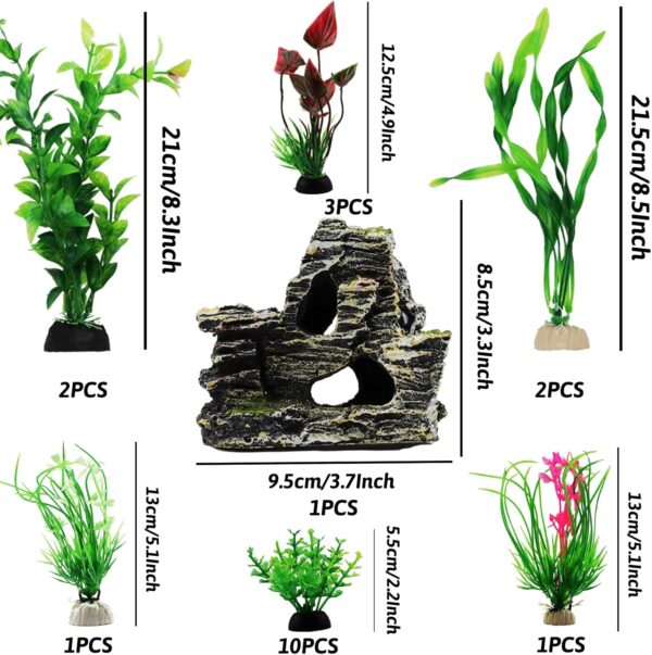 QUOZUO Fish Tank Accessories Aquarium Decorations Plants, 20pcs Green Fish Tank Decorations Plastic Plants and Cave Rock Decoration Decor Set, Aquarium Decor Plants - Image 2