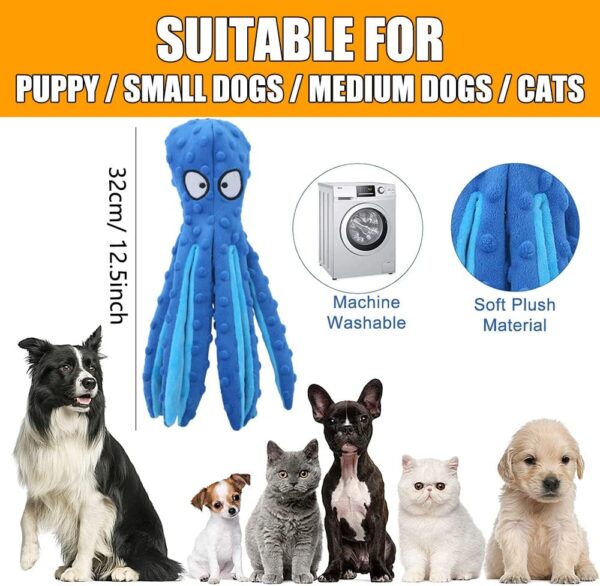 Squeaky Dog Soft Toy, No Stuffed Octopus Dog Chew Toy with Crinkle Paper Plush Dog Teeth Cleaning Toy for Medium Large Dog (Blue) - Image 2