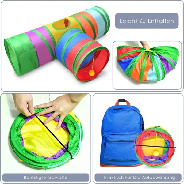 ERKOON 3-Way Rabbit Tunnel, Rabbit Cat Play Tunnel, 25cm Colorful Collapsible Cat Rabbit Pop-up Tunnel Tube with Funny Cat Pompon Maze House for Cat, Rabbit, Guinea Pigs, Hamster, Kitten, Puppy ect - Image 5
