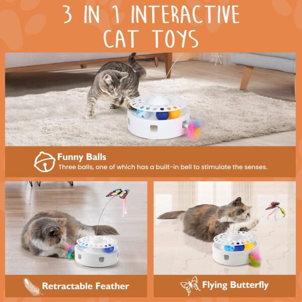 PETTOM 3 in 1 Interactive Cat Toy for Indoor Automatic Cat Teaser Toy, Electronic Auto Random Ambush Feather &Rotating Floating Butterfly& 3 Ball Exercise with Cat Toys(White) - Image 2