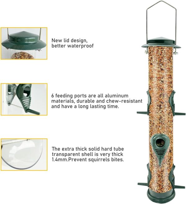 Metal Bird Feeder Tube Hanging Feeders Wild Bird Seed Feeder Heavy Duty Metal 6 Port Bird Feeders with Steel Hanger Weatherproof and Water Resistant Great for Attracting Birds (1 Pack-Green) - Image 3