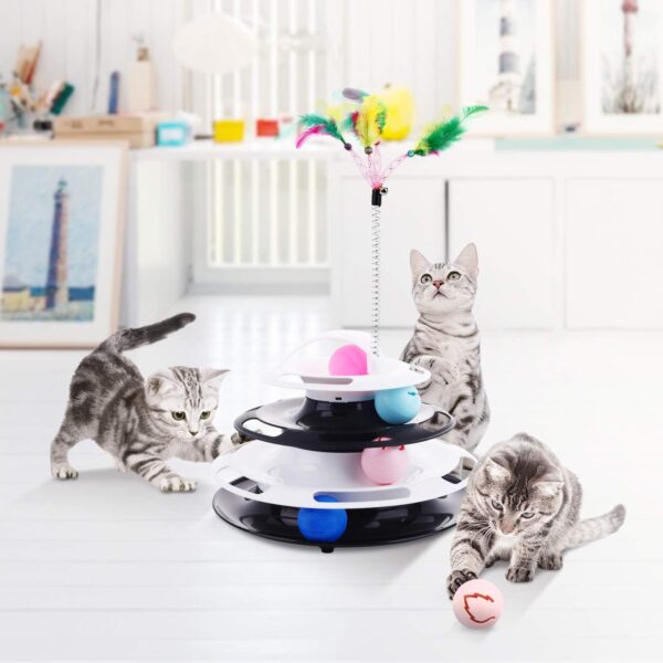 pecute Cat Roller Toy 4 Layers - More Fun with Upgraded Catnip Ball Flashing Ball and Feather Wand Cat Toy Interactive for Cats- Detachable Sturdy Anti-Skid (Balck+White) - Image 2