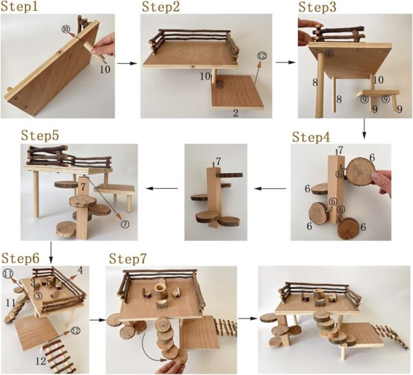 RoseFlower Wooden Hamster Playground Platform, Hamster Climbing Toy, Natural Living Climb System, Small Animals Activity Set with Ladder Food Bowl Ramp Bridge for Mouse Gerbil Rat Chinchilla - Image 5