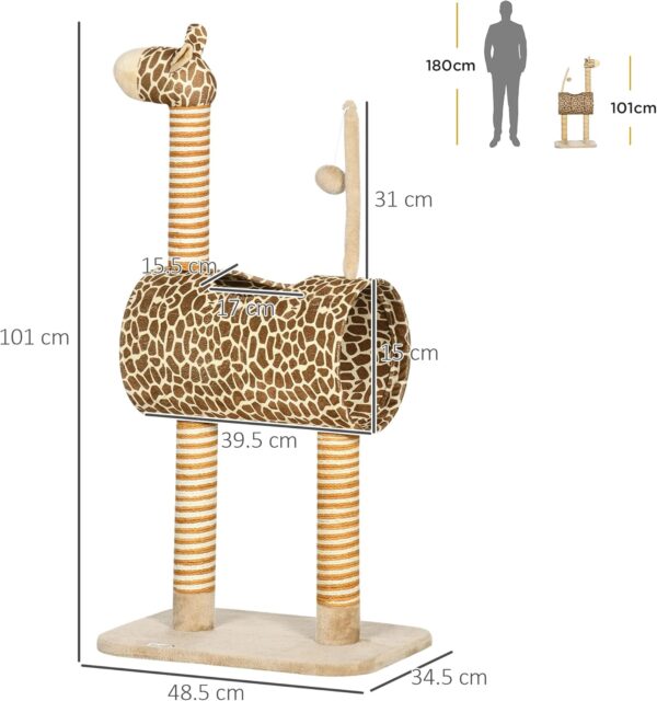 PawHut Cat Tree for Indoor Cats Cute Giraffe Kitten Play Tower w/Scratching Posts, Tunnel, Toy Ball, 48.5 x 34.5 x 101cm - Beige - Image 3