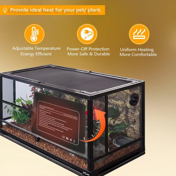 FIPASEN Reptile Heating Mat with Temperature Adjustment, 8x12 Inch Terrarium Heat Mat for Tortoise/Snakes/Lizard/Gecko/Hermit Crab/Frog/Spider/Insect Breeding/Plant Box - Upgraded Reptile Heating Pad - Image 2
