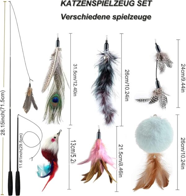 MAIYADUO Cat Teasers Cat Feather Wand Cat Toy Interactive Toy Feather Wand with Bell 5x Natural Feather Refills - Image 2