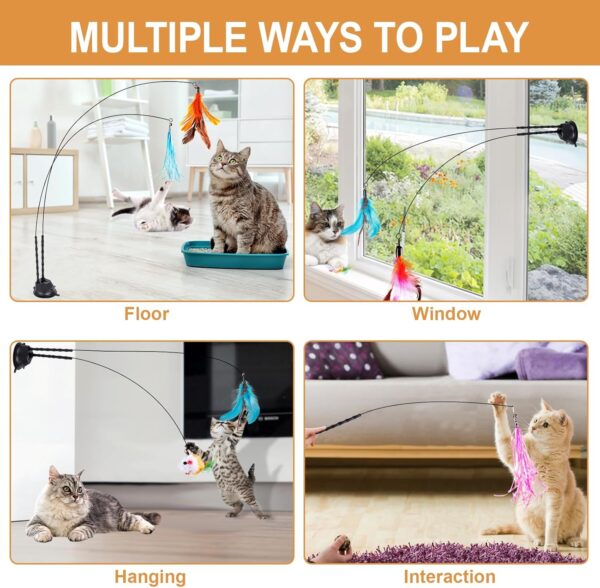 EASY JOY 14 Pcs Interactive Cat Toys, Cat Fishing Rod with Double Hole Suction Cup, 2 Cat Wands, 11 Interchangeable Toys,Cat Feather Toy - Image 4
