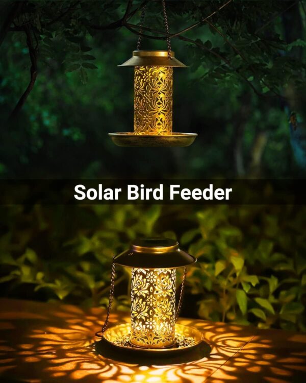 Solar Bird Feeder for Outdoors Hanging, Metal Wild Bird Feeder Squirrel Proof for Cardinals Solar Garden Lantern with S Hook as Gift Ideas for Bird Lovers(Copper) - Image 2