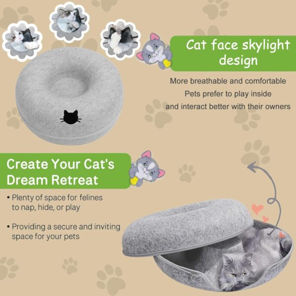 KunpengZen Cat Tunnel, Fun Hiding Tent Cat Tunnels for Indoor Cats, Zipper Design Felt Cat Donut Cave Dog Tunnel Bed 50cm for Small Pets Up to 4 kg, Kittens, Rabbit, Small Dogs (Light Grey) - Image 4