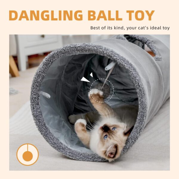 OHANA Collapsible Cat Tunnel Toy in suede, Large cat tunnels for indoor cats rabbits with 2 holes and suspended ball Dia30*130cm - Image 5