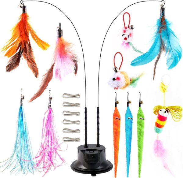 EASY JOY 14 Pcs Interactive Cat Toys, Cat Fishing Rod with Double Hole Suction Cup, 2 Cat Wands, 11 Interchangeable Toys,Cat Feather Toy - Image 7