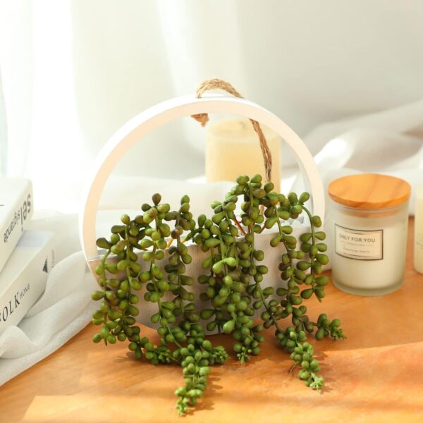Hobyhoon Hanging Plant Artificial Succulents Fake String of Pearls Plants 12.2'' in Wooden Pot for Indoor Outdoor Wall Decor (1PCS) - Image 4