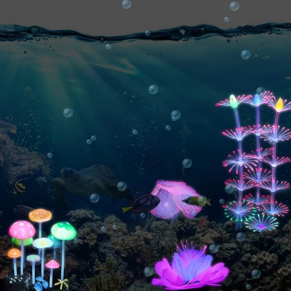 CCCYMM 4 Pack Glowing Fish Tank Decorations Plants, Glow Aquarium Decorations, Glowing Mushroom Coral Plant Ornaments - Image 7