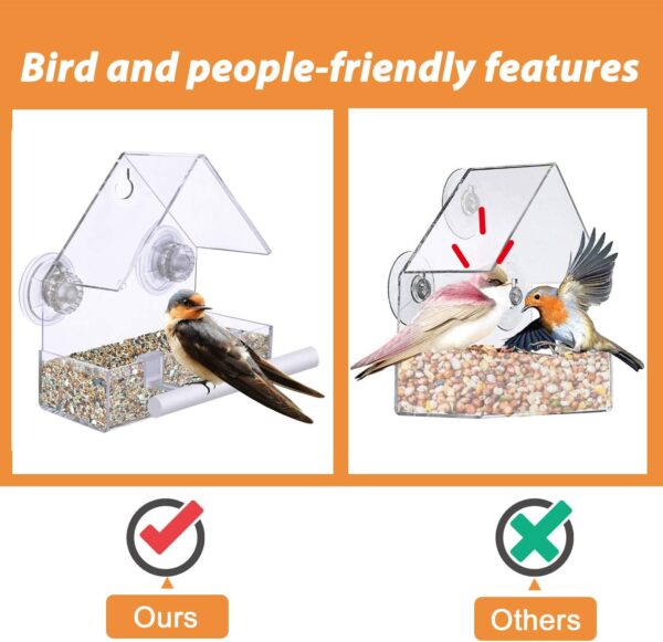 Extra Strong Suction Cups Window Bird Feeder with Drainage Holes. Windowsill Birdfeeders for Small Birds only. LIANGPIN Acrylic Clear House Shape Design - Image 4