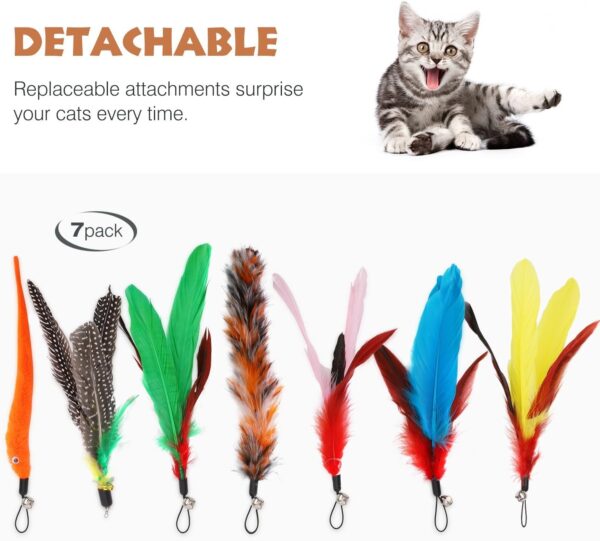 Pawaboo Feather Teaser Cat Toy, 7PCS Extensible Interactive Feather Wand Cat Toy Flying Feather Cat Catcher with Extra Long 38.6" Wand and Small Bell, Fun Exerciser Playing Toy, Colorful Stripes - Image 3