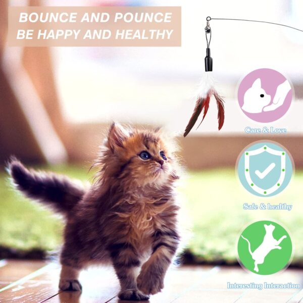 Pawaboo Feather Teaser Cat Toy, Interactive Feather Wand Cat Toy Flying Feather Cat Catcher with Extra Long 34.5" Wand and Small Bell, Exerciser Playing Toy for kitten or cat, Wine Red & White Feather - Image 7