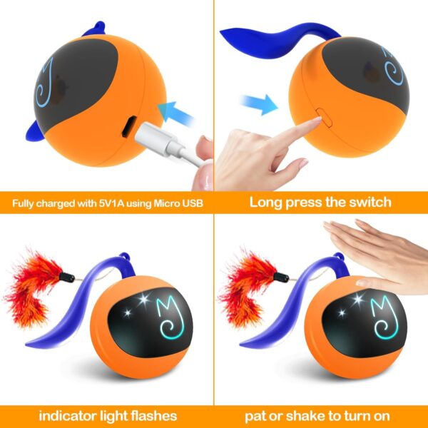 Migipaws Cat Toy, Automatic Moving Ball Bundle Classic Mice + Feather Kitten Toys in Pack. DIY N in 1 Pets Smart Electric Teaser, USB Rechargeable (Orange) - Image 6
