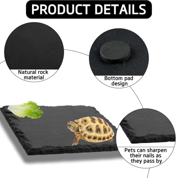 Reptile Basking Slate Platform Aquarium Tortoise Bathing Resting Platform,10x10cm Turtle Habitat Slate Pad Turtle Feeding Food Bowl Dish Resting Natural Rock Platform Accessories Decoration(Black) - Image 3