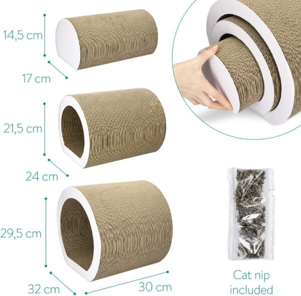 Navaris Cat Tunnel Scratcher Set (3-Pieces) - Corrugated Cardboard Paper Scratching Board Tubes and Roll Toy for Cats - Scratch, Lounge, Hide and Play - Image 4