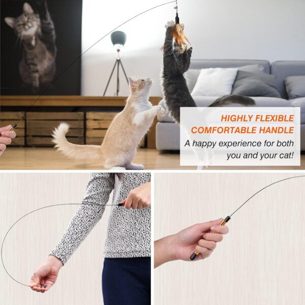 Pawaboo Feather Teaser Cat Toy, Interactive Feather Wand Cat Toy Flying Feather Cat Catcher with Extra Long 34.5" Wand and Small Bell, Fun Exerciser Playing Toy for kitten or cat, Brown Feather - Image 2