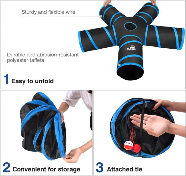 Pawaboo Cat Toys, Cat Tunnel Tube 5 Way Tunnels 25x53cm Extensible Collapsible Cat Play Tent Interactive Toy Maze Cat House with Balls and Bells for Cat Kitten Kitty Rabbit Small Animal, Blue - Image 6