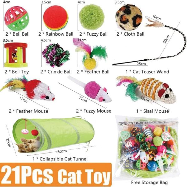 21 Pcs Cat Toys for Indoor Cats Adults, Kitten Toys for Indoor Cats, Cat Tunnel Toys, Cat Toys Set Feather Wand Ball Toy for Kitten Cats - Image 2