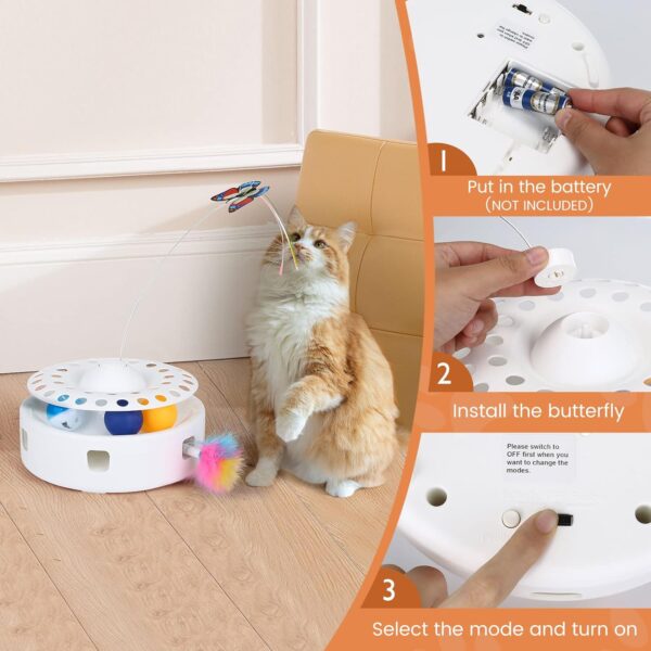 PETTOM 3 in 1 Interactive Cat Toy for Indoor Automatic Cat Teaser Toy, Electronic Auto Random Ambush Feather &Rotating Floating Butterfly& 3 Ball Exercise with Cat Toys(White) - Image 6