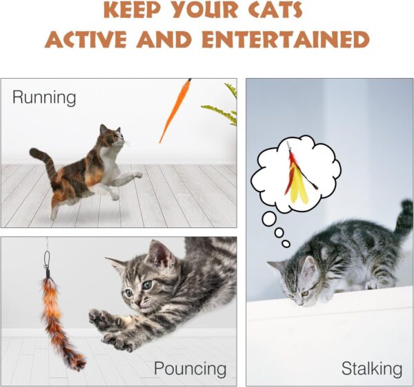 Pawaboo Feather Teaser Cat Toy, 7PCS Extensible Interactive Feather Wand Cat Toy Flying Feather Cat Catcher with Extra Long 38.6" Wand and Small Bell, Fun Exerciser Playing Toy, Colorful Stripes - Image 2