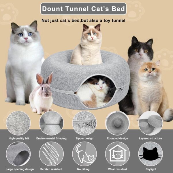 KunpengZen Cat Tunnel, Fun Hiding Tent Cat Tunnels for Indoor Cats, Zipper Design Felt Cat Donut Cave Dog Tunnel Bed 50cm for Small Pets Up to 4 kg, Kittens, Rabbit, Small Dogs (Light Grey) - Image 3