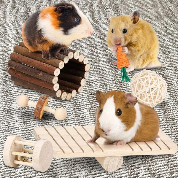 BBjinronjy Hamster Chew Toys Set Small Animal Molar Toys Teeth Care Wooden Accessories for Guinea Pigs,Chinchillas,Gerbils,Mice,Rats,Mouse Rodents Toy Swing Seesaw Bridge - Image 3