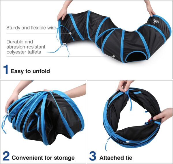 Pawaboo Cat Toys, Cat Tunnel Tube S-Shaped Tunnels 25x97cm Extensible Collapsible Cat Play Tent Interactive Toy Maze Cat House with Balls and Bells for Cat Kitten Kitty Rabbit Small Animal, Blue - Image 6