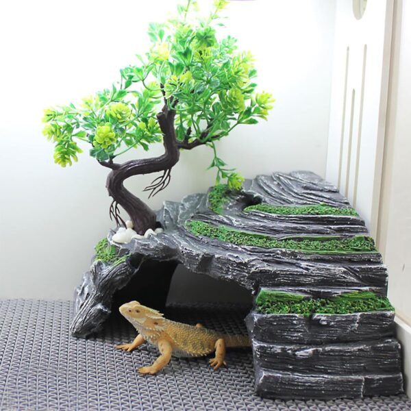 Reptile Hideout Caves Turtle Ramp Basking Platform Habitat Shelter Decor Humidify Hide Cave Resin Rock (L) - Image 4