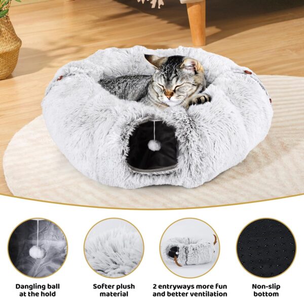 Odoland Large Cat Tunnel Toy with Plush Cat Bed, Foldable Pet Tunnel Bed for Indoor, Multifunctional Cat Donut Tunnel with Ball & Peek Holes, Cat Toys, Crinkle Play Tunnel Tube for Cat - Grey - Image 5