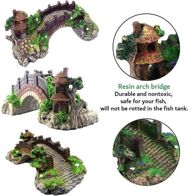 Aquarium Ornament Plants with Resin Arch Bridge, 13pcs Green Aquariums Plants Plastic and Aquarium Decorative Pavilion Tree Bridge for Fish Tank Ornament Decoration - Image 3