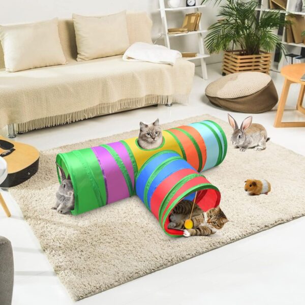 ERKOON 3-Way Rabbit Tunnel, Rabbit Cat Play Tunnel, 25cm Colorful Collapsible Cat Rabbit Pop-up Tunnel Tube with Funny Cat Pompon Maze House for Cat, Rabbit, Guinea Pigs, Hamster, Kitten, Puppy ect - Image 7