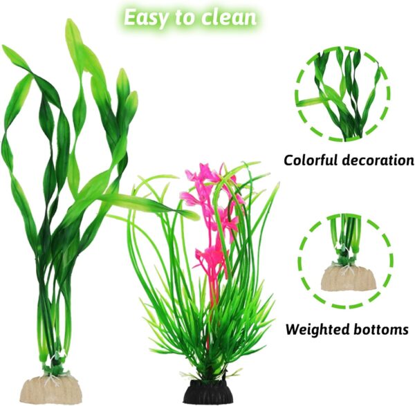 QUOZUO Fish Tank Accessories Aquarium Plants, 9pcs Green Fish Tank Decorations Plants and Cave Rock Decor Set, Aquarium Decorations Plastic Plants - Image 7
